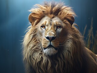 Portrait of a male lion with a beautiful mane on a dark background