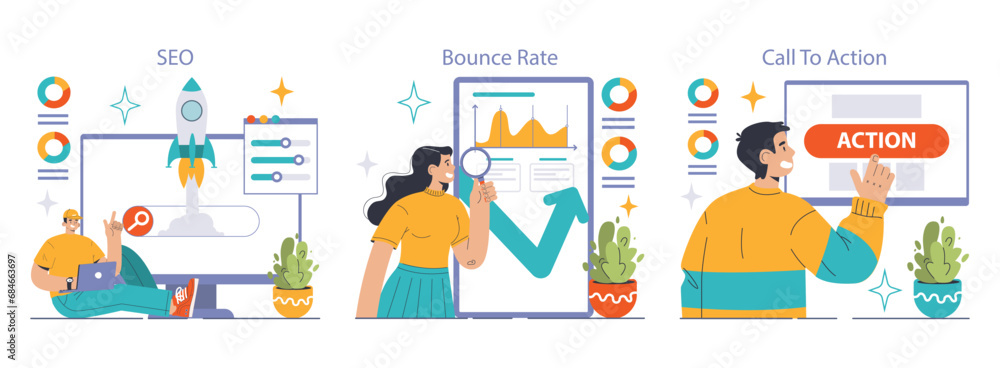 Poster website analysis set. conversion rate and traffic analysis. experts analyzing website performance. u