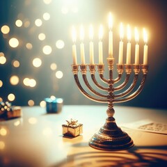 Photo jewish religious holiday hanukkah with holiday hanukkah traditional candelabra - obrazy, fototapety, plakaty