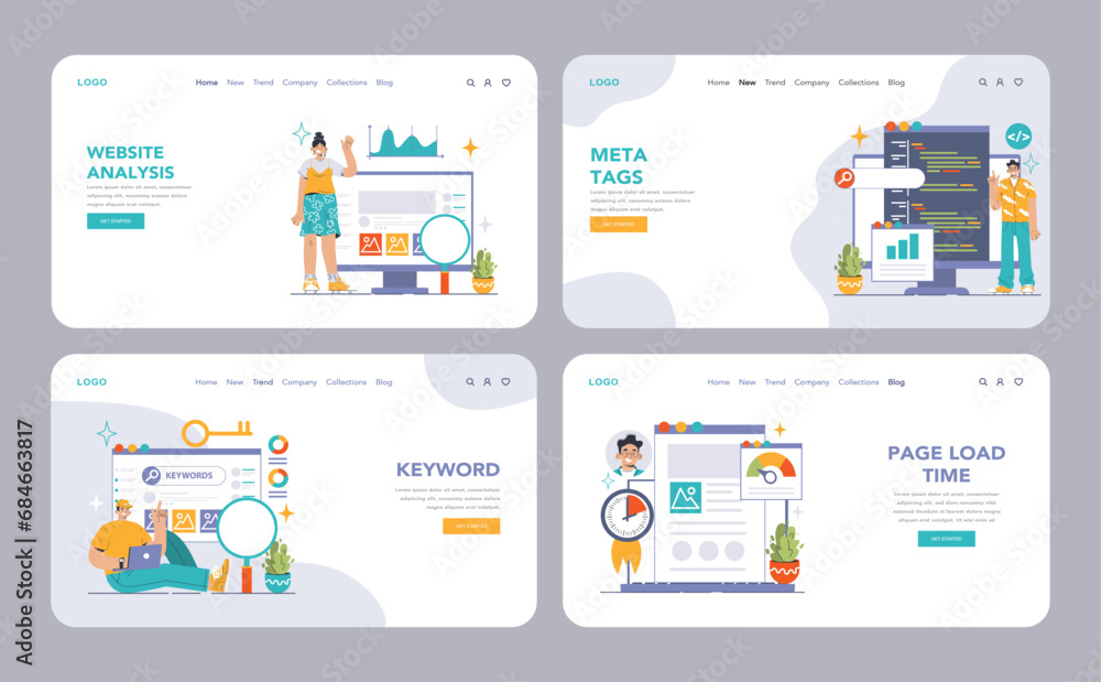 Poster website analysis web or landing set. conversion rate and traffic analysis. experts analyzing website