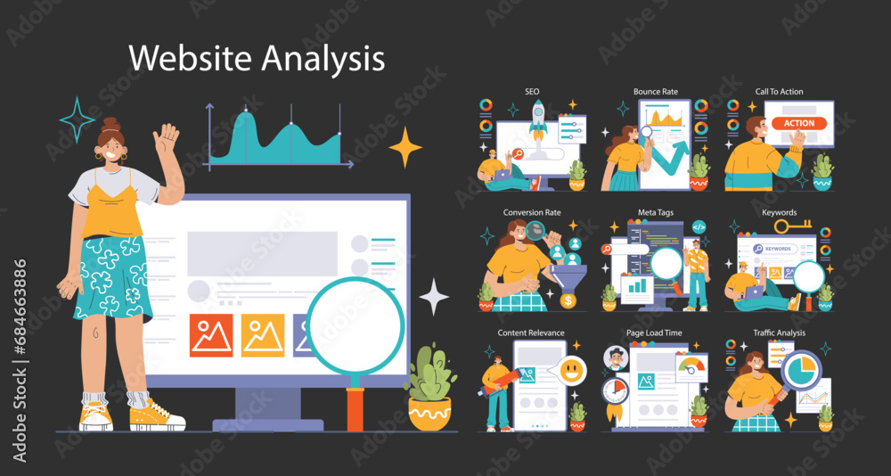 Poster website analysis dark or night mode set. conversion rate and traffic analysis. experts analyzing web