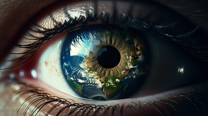 Earth inside the eye made with Ai generative technology, person is fictional - obrazy, fototapety, plakaty