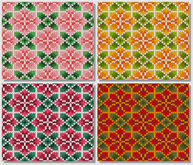 Set of Knitted blooming flowers classic vintage vector seamless pattern. Pink Yellow Red Green Yarns.