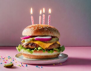 Minimalist composition with a delicious burger with birthday candles isolated on pink background with copy space. Generative AI