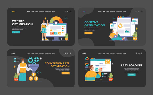 Website optimization dark or night mode web, landing. Performance monitoring, content strategy, conversion optimization, and lazy loading techniques for an efficient digital footprint.