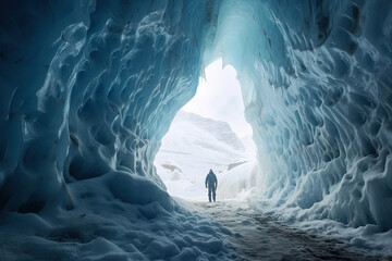 Mountain climber standing inside an icecave in a glacier in Iceland - obrazy, fototapety, plakaty