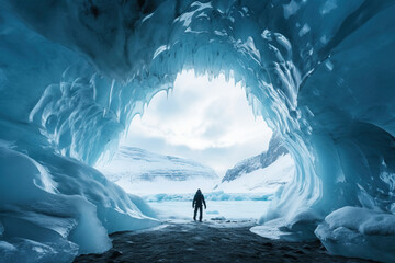 Mountain climber standing inside an icecave in a glacier in Iceland