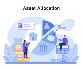 Financial Strategy concept. Strategic distribution of assets for growth, showcasing banking, savings, and investment dynamics. Flat vector illustration