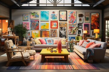 An eclectic living space with mismatched furniture, vibrant rugs, and a gallery wall showcasing diverse artwork. - obrazy, fototapety, plakaty