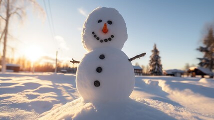 Obraz premium Funny smiling snowman in a snowy glade. Christmas concept. Illustration for cover, card, postcard, interior design, banner, poster, brochure or presentation.