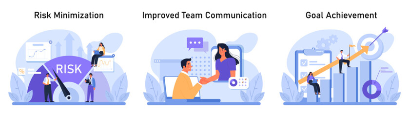 Business Concepts set. Professionals working diligently on risk minimization, promoting improved team communication, and ensuring goal achievement. Safety measures, upward growth. Flat vector.