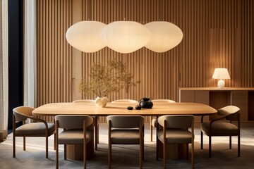 An elegant dining area with a long wooden table, stylish chairs, and soft pendant lighting casting a warm glow.