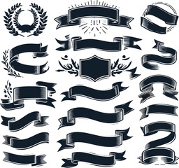 Graphic set of simple rectangle ribbons Vector black shape Image white background