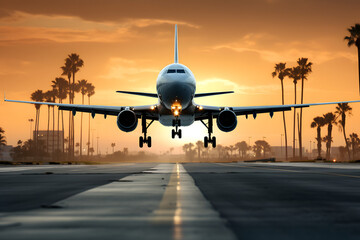 a plane is taking off on the runway backlit photography