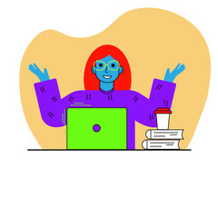 Young lady studying online at home. Flat vector illustration.