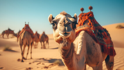 Camel caravan travels through the sand dunes - obrazy, fototapety, plakaty