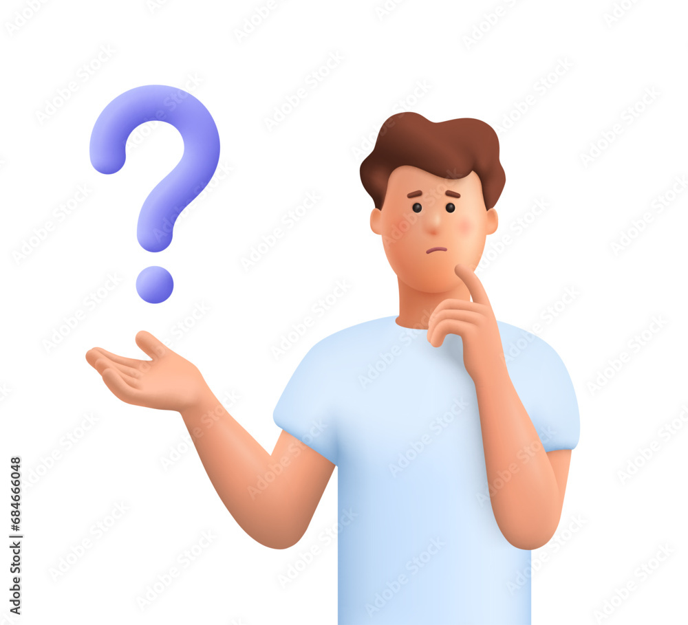 Poster confused man thinking in a thoughtful pose with question mark. choice, problem solving concept. 3d v