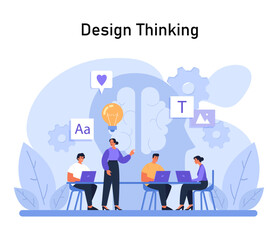 Design Thinking process illustration. Team collaborates on creative solutions, surrounded by symbols of innovation, communication, and design elements. Flat vector illustration