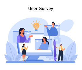 User Survey illustration. Team engages in gathering feedback with digital tools, highlighting the importance of user input in the Design Thinking process. Flat vector illustration