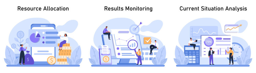 Business Analysis set. Teams navigating financial growth, monitoring performance, and evaluating current market trends. Resource allocation, results tracking, current situation assessment. Flat vector - obrazy, fototapety, plakaty