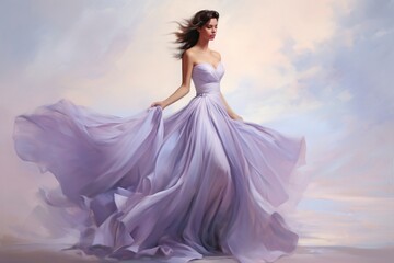 Fototapeta na wymiar An elegant figure in a flowing lavender gown, standing gracefully against a backdrop of soft baby blue.