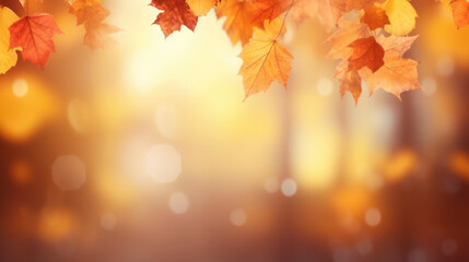 Beautiful autumn background with yellow, orange and red falling leaves, bokeh and sunshine. Banner with free place for text