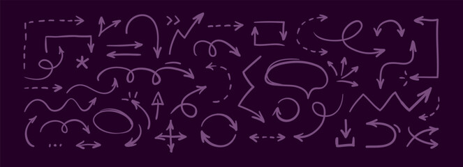 Set of thin doodle hand drawn arrows. Collection of isolated cartoon sketchy arrows, symbols, signs, icons, design elements. Simple vector graphical illustration.