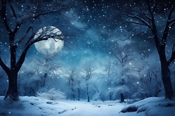 Fairy forest covered with snow in a moon light. Milky way in a starry sky. Christmas and New Year winter night