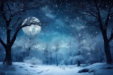 Fototapeten Fairy forest covered with snow in a moon light. Milky way in a starry sky. Christmas and New Year winter night © arhendrix