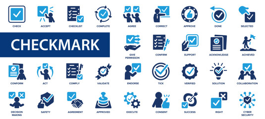 Check mark flat icons set. Approved, selected, accept, check, message, correct icons and more signs. Flat icon collection. - obrazy, fototapety, plakaty