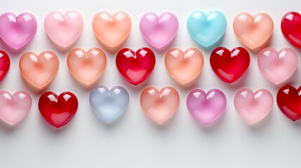 Valentine's day background with colorful hearts on white background. Top view. Generative AI technology.