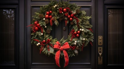 Fototapeta na wymiar Beautiful Christmas Wreath Adorning a Front Door. Festive Elegance