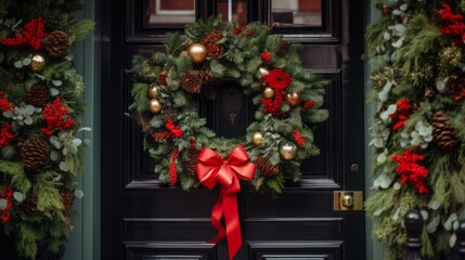 Fototapeta na wymiar Beautiful Christmas Wreath Adorning a Front Door. Festive Elegance