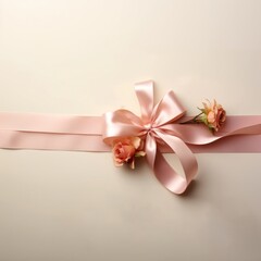 pink ribbon with flowers, wedding card concept, space for text