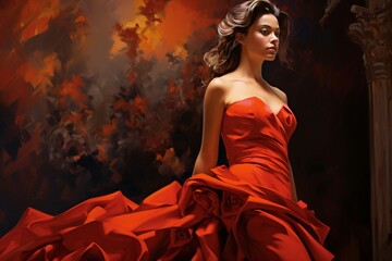 An elegant figure in a vibrant coral dress, standing gracefully against a backdrop of rich maroon.