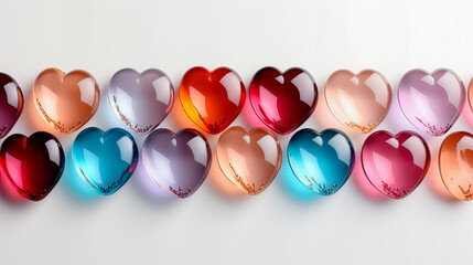 Valentine's day background with colorful hearts on white background. Top view. Generative AI technology.