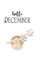 Hello December greeting card. Cup of cocoa with marshmallows and gingerbread snowflakes on white background. December month calendar concept. Christmas holiday. minimal style composition. top view