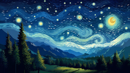 Hand-drawn beautiful illustration of Van Gogh's Impressionist night starry sky outdoor scenery
