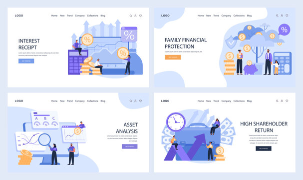 Investment objectives web or landing set. Interest receipt, family financial protection, asset analysis, and high shareholder return. Essential online finance concepts. Flat vector illustration