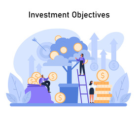 Fototapeta na wymiar Investment objectives concept. Strategic financial planning for growth, navigating through market challenges, securing profits. Flat vector illustration
