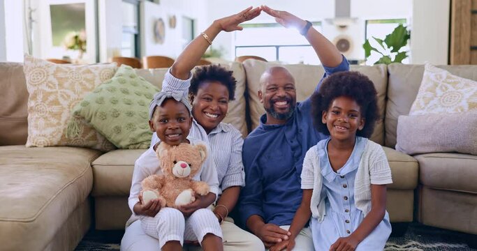 Insurance, security and a black family in the living room of a home together to protect their future. Portrait, safety or cover with a mother, father and children sitting under a roof on the floor