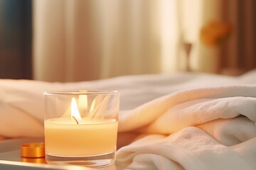Aromatic candle burns on table in spa procedure salon. Small warm flame creating coziness and...
