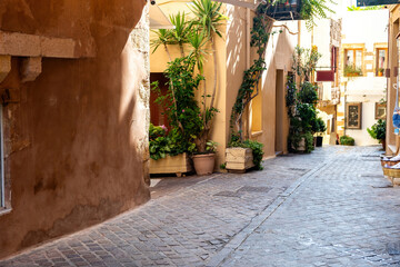 Traditional building, potted plant on paved alley, sunny day. Chania Old Town, Crete island, Greece.