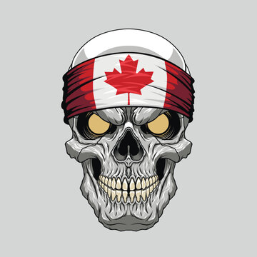 An evil skull in a bandana. Bandana in the style of the Canadian flag. Highly detailed vector illustration.