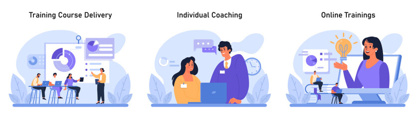 Professional Development set. Engaging training course delivery, tailored individual coaching, and interactive online trainings. Skill enhancement and growth opportunities. Flat vector illustration.