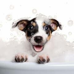 A Playful Pup Enjoying a Refreshing Bath in Bubbles of Sparkling Water