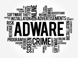 Fototapeta premium Adware - unwanted software designed to throw advertisements up on your screen, word cloud text concept background