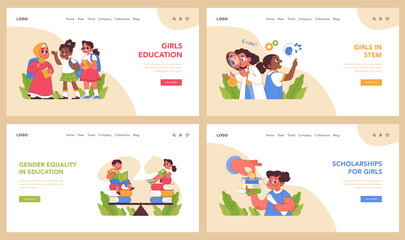 Empowering girls set. Young females exploring STEM fields, getting educational aid, thriving in nurturing surroundings. Girls in STEM, scholarships and supportive environment. Flat vector illustration