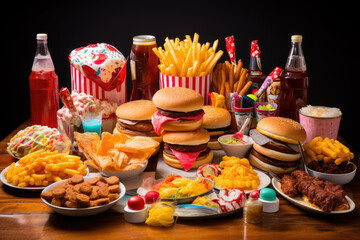 Delivery fast food or junk food for Dinner party, table full of delicious meal including french fries, fried chicken, burgers, and drinks, unhealthy food concept.