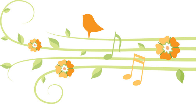 Illustration of music notes, treble clef, leaves and birds.